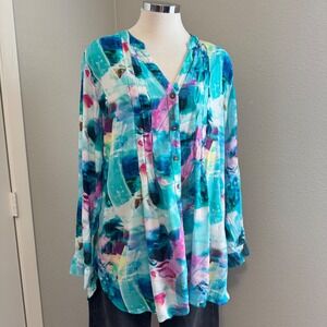 Soft Surroundings XL Button Down Top‎ Watercolor Print Long Sleeve Blouse